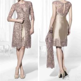 Gold Brown Knee Length Short Mother of the Bride Dresses with Lace Jacket Plus Size occasion Wedding Guest Dresses2363