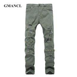 Knee Zipper Men Skinny Ripped Green Gray black Jeans New Mens Destroyed Elastic Denim Pants Streetwear Hiphop Plus Size 42157R