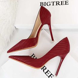 Sandals BIGTREE Shoes Red Women Pumps 2023 New Weave Pattern High Heels Stiletto Fashion Wedding Shoes Women Heels Sexy Lady Party Shoes L230720