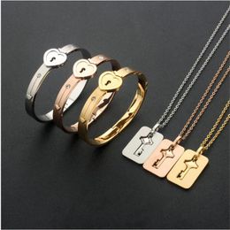 Stainless Steel Couple Bangles Bracelet Necklaces Lock Key Pendant Jewellery Set for Boyfriend Girlfriend Birthday Valentine's 228w