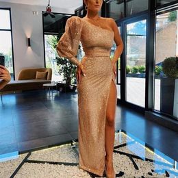 Rose Gold Sequined One Shoulder Prom Dresses Long Sleeves High Side Split Evening Dress Floor Length Party Gowns vestidos de fiest275m