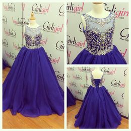2021 Girls Pageant Dresses Royal Blue Size with Lace Up and Jewel Neck Real Pictures Beading Chiffon Little Girls Prom Gowns Custo251l