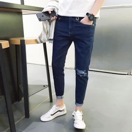 Men's Jeans Hole Summer Mens Brand Black Slim Fit Denim Ripped Ankle-length Pant Homme Plus Size218q