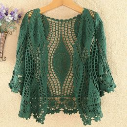 Women's Knits Tees Women Cardigan Summer Vintage Hollow Out Lace Tops Female Retro Short Style Shrug 4XL Knitted Sweater Jumpers White Black 230720