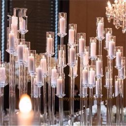 Party Decoration Whole 10 Arms Long Stemmed Modern Clear Acrylic Tube Hurricane Crystal Candle Holders Wedding Table Centerpie206j