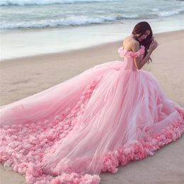 2019 Pink Cloud 3D Flower Rose Wedding Dresses Long Tulle Puffy Ruffle Robe De Mariage Bridal Gown Said Mhamad Wedding Gown3070