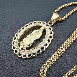 Hip Hop Rhinestones Pave Bling Iced Out Stainless Steel Virgin Mary Pendants Necklace for Men Rapper Jewellery Drop 293b