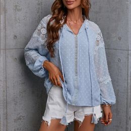 Women's Blouses 2023 Autumn Women Polka Dot Lace Stitching Loose Lantern Long Sleeve Shirt Ladies Clothes Solid Colour Chiffon Shirts