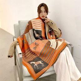 2022 Luxury Cashmere Scarf Women Winter Warm Shawls and Wraps Design Horse Print Bufanda Thick Blanket Scarves229L