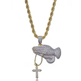 Hip Hop Brass Gold Colour Iced Out Micro Pave CZ Praying Hands Cross Pendant Necklace Charm For Men Women238d