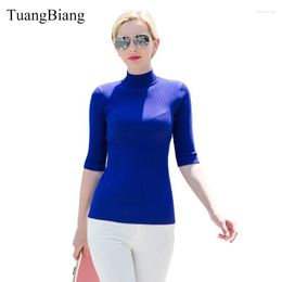 Women's Sweaters TuangBiang 2023 Spring Three Quarter Sleeve Slim Solid Colour Turtleneck Pullovers Europe Style Elegant Navy Sweater