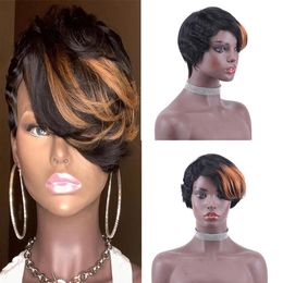 Highlighted 1B 30 Blonde Short Glueless Wig With Bangs Pixie Cut Peruvian Virgin Human Hair Straight Ombre Non Lace Wigs For Black313T