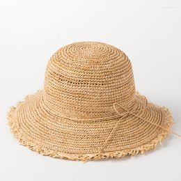 Wide Brim Hats X317 Handmade Crochet Lafite Fisherman's Hat Tourism Sunscreen Beach Cap Bow Tie Raffia Straw Sun Adjust Size