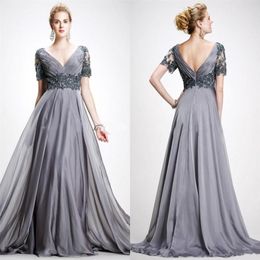 Short Sleeves Flowy Chiffon Mother of the Bride Dresses with Appliques Lace Long Formal Occasion Evening Gowns2420