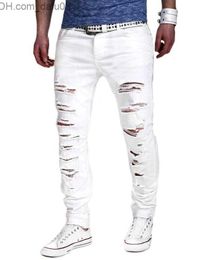 Men's Jeans Wholesale- Ripped Denim White jeans new men Biker Distressed Jeans Mens destroy skinny jeans homme men pants Joggers Z230720