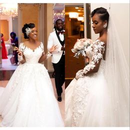 African Elegant Bride Mermaid Wedding Dresses 2020 Sheer Long Sleeve Lace Applique Bridal Gowns Button Back Vestidos de novia258l