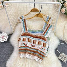 Women's Tanks Boring Honey Square Collar Corset Tops Tassels Hollow Out Knitted Crops Women Crochet Camis Retro Short Tank