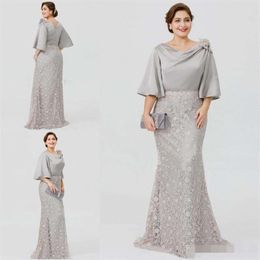 2019 Yeni Gümüş Zarif Gelin Elbiseler Yarım Kollu Dantel Denizkızı Düğün Konuk Elbisesi Artı Beden Resmi Akşam Elbisesi274a