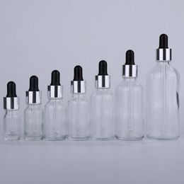 5-100ml Empty Clear Glass Dropper Bottles Wholesale With Silver Cap Black Rubber Top For Eye Dropper Aromatherapy Thick Essence Bottles Jmec