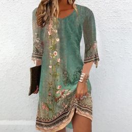 Casual Dresses A-line Silhouette Dress Vintage Floral Print Patchwork Feminine Three Quarter Sleeves Soft V Neck Above For Any