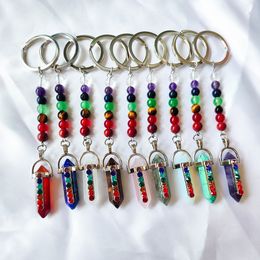 Natural Stone 7 Chakra Beads Hexagon Prism Key Rings Chains Keychains Healing Crystal Keyrings for Women Men bulk