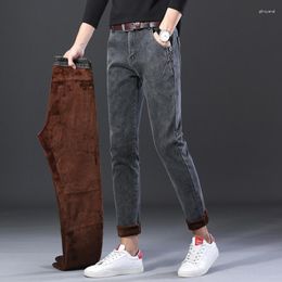 Men's Jeans Smoke Grey Fleece Winter Classic Style Solid Colour Straight Casual Stretch Male Clothing Denim Trousers