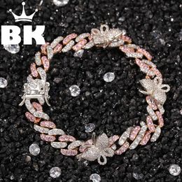 Hip Hop Copper 9mm Micro Pave CZ Cuban Link Bracelet with Small Butterfly 9inch ankle Punk Miami Bracelet accept custom color296R