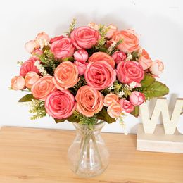 Decorative Flowers Artificial 7 Fork Silk Rose Bouquet Bridal Wedding Celebration Party Supplies Home Dining Table Autumn Decoration