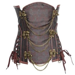 Women Steampunk Jacquard Corsets Luxury Lingerie Sexy Clubwear Underbust Slimming Corset Shapers with Swing Chains and Side Lace-u2420