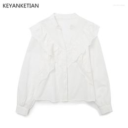 Women's Blouses KEYANKETIAN Spring Hollowed Out Embroidery Laminated Lotus Leaf Border Long-Sleeved Shirt Vintage White Short Top