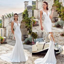 Eddy K 2019 Mermaid Wedding Dresses V Neck Lace Appliques Satin Sweep Train Long Bridal Gowns Plus Size Beach Boho robe de mariee301A