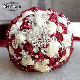 Kyunovia Burgundy Brooch Bouquet Ivory Bride Bouquets De Mariage Artificial Crystal Wedding Flowers Buque De Noiva 4 Colours FE86277T