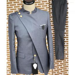 Men's Suits Double-Layered Mandarin Collar For Men 2 Pieces Dark Grey Terno Masculino Slim Fit Wedding Groom Prom Blazer Custom