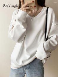 Women's Hoodies Beiyingni For Women Loose BF Plain V-neck Long Sleeve Tops Female Casual Preppy Korean Oversized Sweatshirts White Hoody