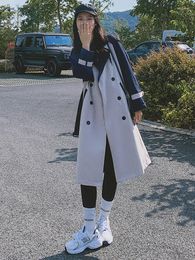 Women's Trench Coats LANMREM Contrast Colour Coat For Women Lapel Single Breasted Long Sleeves Belt Korean Clothing 2023 2YA3804