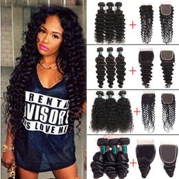 Brazilian Deep Wave 3 Bundles Deals With Lace Closure Cheap Loose Deep Wave Kinky Curly Water Wave Remy Human Hair Weave Extension2721