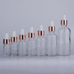 Wholesale Glass Refillable Dropper Bottles 5-100ML Empty Essential Oil Container with New Rose Gold Lids Bffte