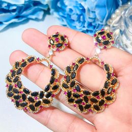 Dangle Earrings QooLady Ethnic Bohemian Vintage Yellow Gold Color Big Long Drop Earring Retro Black Cubic Zirconia Statement Party Jewelry