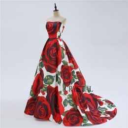 Vintage Long Floral Satin Prom Dresses With Pockets A-Line Strapless Floor Length Corset Back Formal Party Evening Dress Robes de Soiree for Women
