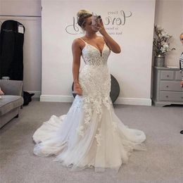 Sexy Spaghetti Straps Open Backless Wedding Dresses Appliques Lace Tulle Beading Bridal Gowns Mermaid 2021 Customise Plus Size225p