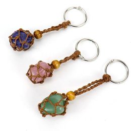 Keychains Lanyards Brown Adjustable Cord Wax Rope Holder Key Rings Natural Quartz Crystal Healing Stone Net Bag Keychain P Dhgarden Dhfxu