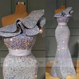 Elegant Silver Sequins Mermaid Evening Dresses 2021 One Shoulder Sweep Train Plus Size Formal Prom Party Gowns Vestidos De Novia284S