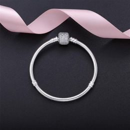 Beautiful Women CZ Pave Clasp Bracelet with LOGO Engraved In 925 Sterling Silver for Women Pandora Bracelets Bangle Wedding Gift257R