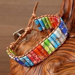 DIEZI Drop Natural Tube Beads Stone Bracelet Leather Wrap Jewelry Bangle for Women Men Handmade 7 Chakra Bracelet2644