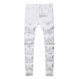 New Fashion Mens Knee zipper Ripped Jeans Cotton White Elastic Slim Men Motorcycle Denim Joggers Skinny Jeans3365