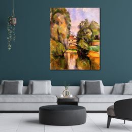 Abstract Canvas Art Country House by A River Paul Cezanne Painting Handcrafted Modern Decor for Bathroom