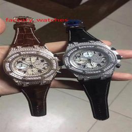 quartz diamonds watch rose gold and silver case 44mm men luxury Brown black leather strap quartz design full iced out high quality255b