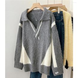 Women's Sweaters Women Casual Sweater Contrast Color Pattern Oversize Pullover Shirt Turn Down Collar V-Neck Female Warm 2023 Blouse