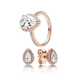 18K Rose Gold Teardrop Halo Ring Stud Earrings Set for Pandora Crystal Diamond designer Jewellery For Women Girls Luxury Wedding Party Rings Earring with Original Box