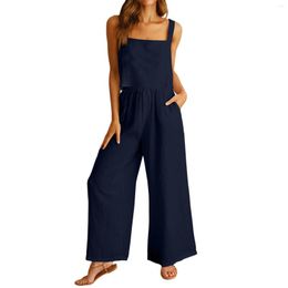 Women's Two Piece Pants 2 Casual Outfits Square Neck Linen Tank Crop Top Wide Leg Matching Set Tracksuit Summer Everyday Suit